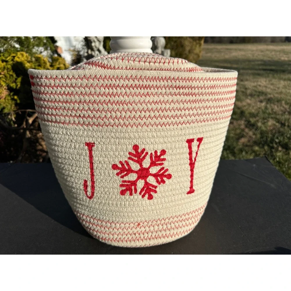 Set of 2 Christmas Baskets Joy Snowflake Red White Rope basket Storage‎ Decor